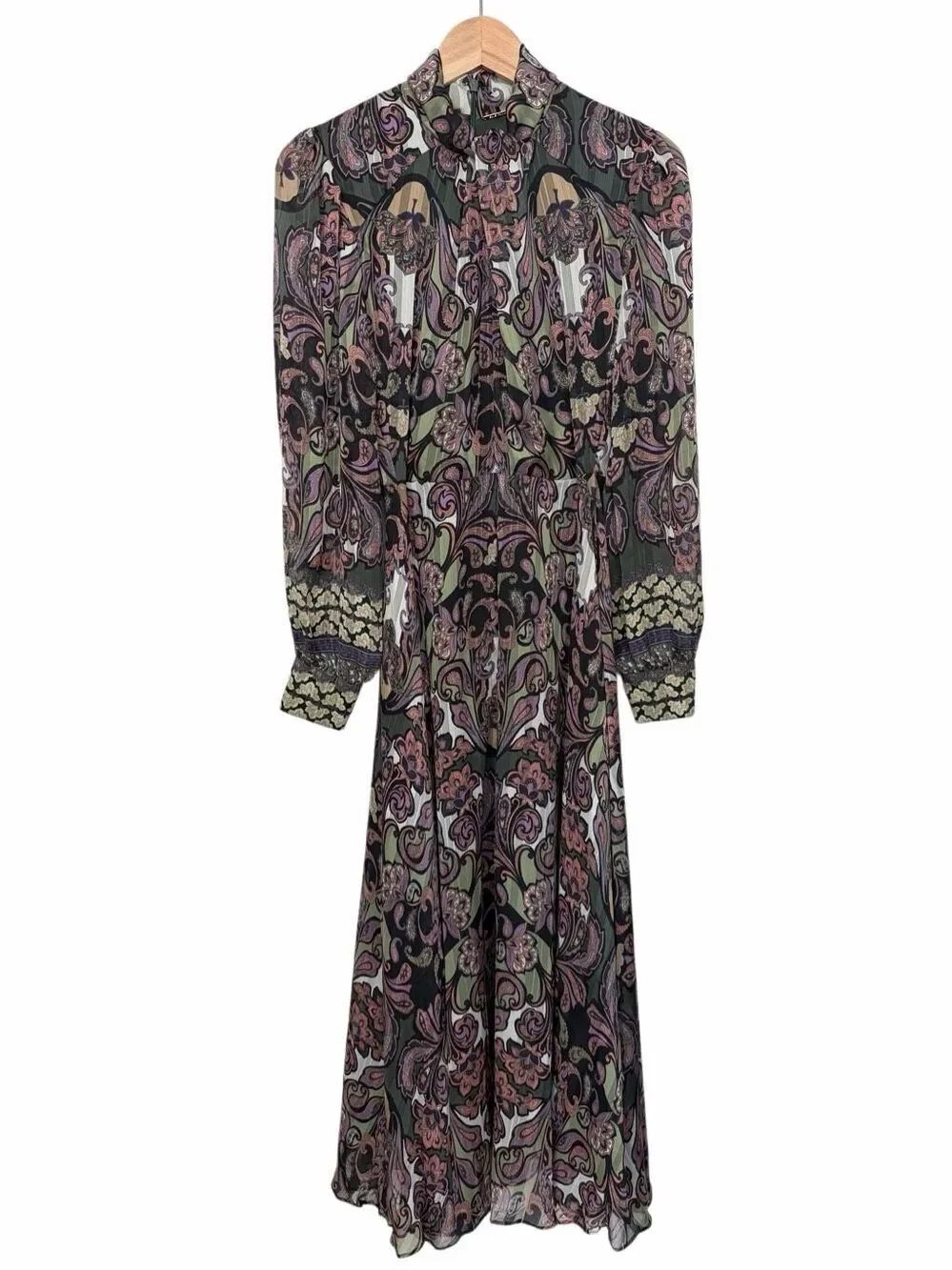 Elie Tahari The Raquel Tie-Neck Paisley-Print Midi Dress Green Multi Size 6 - Picture 4 of 12
